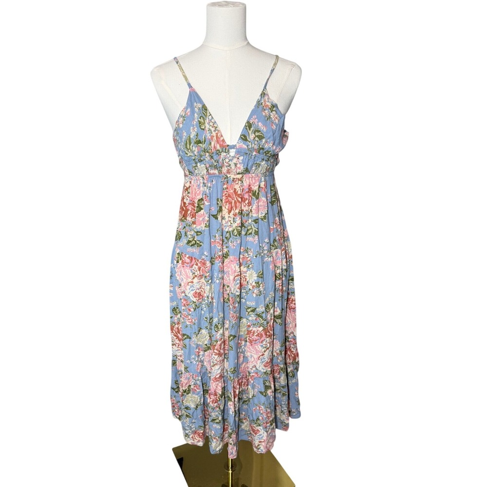 Angie Floral Maxi Dress Blue Pink Smocked Waist Tiered Rayon Size Medium